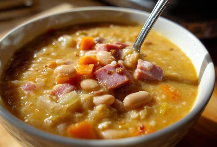 Close-up of a white bowl filled with thick, hearty bean soup featuring white beans, diced ham, and carrots.