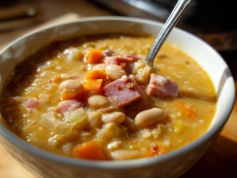 Close-up of a white bowl filled with thick, hearty bean soup featuring white beans, diced ham, and carrots.
