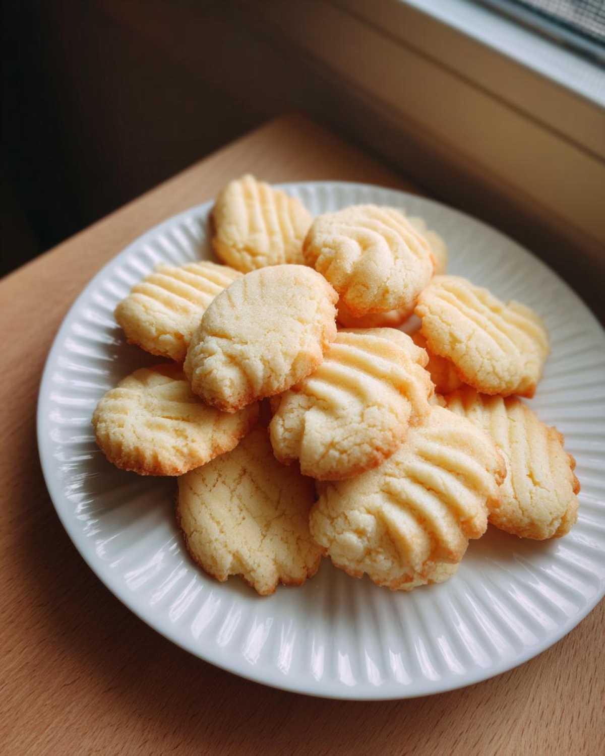 A white, fluted plate piled high with freshly baked 3-ingredient butter cookies, showing fork marks on top.