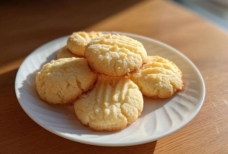 A stack of golden 3-ingredient butter cookies with fork marks on a white plate.