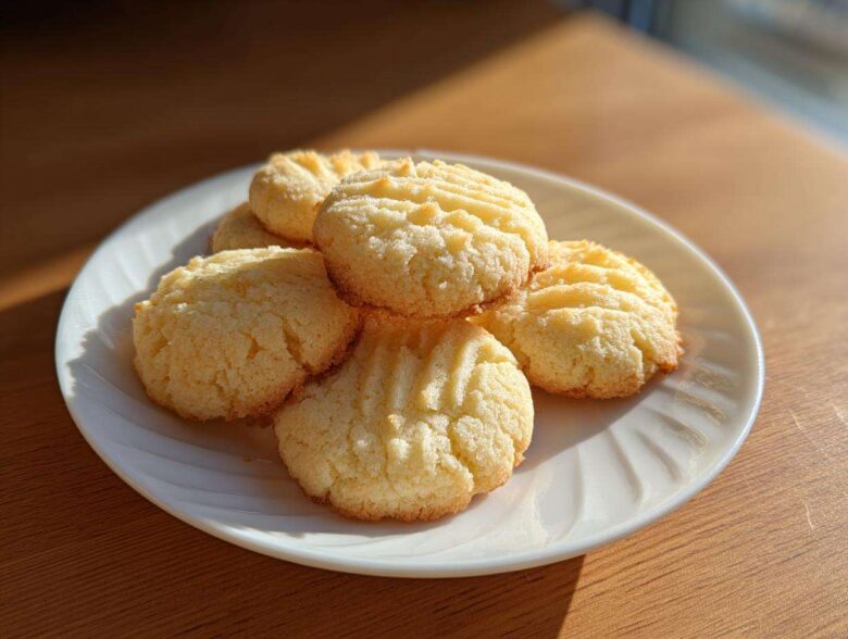 A stack of golden 3-ingredient butter cookies with fork marks on a white plate.