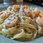 A close-up of creamy shrimp alfredo featuring plump shrimp over fettuccine pasta, garnished with parsley.