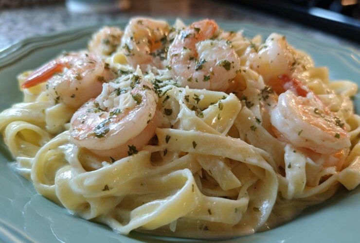A close-up of creamy shrimp alfredo featuring plump shrimp over fettuccine pasta, garnished with parsley.