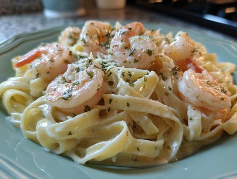 A close-up of creamy shrimp alfredo featuring plump shrimp over fettuccine pasta, garnished with parsley.