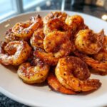 Close-up of perfectly cooked, seasoned air fryer frozen shrimp piled on a white plate.
