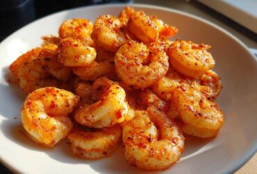 A close-up of plump, cooked air fryer frozen shrimp seasoned with paprika and spices piled on a white plate.