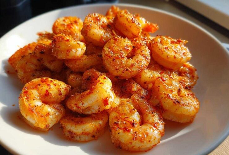 A close-up of plump, cooked air fryer frozen shrimp seasoned with paprika and spices piled on a white plate.