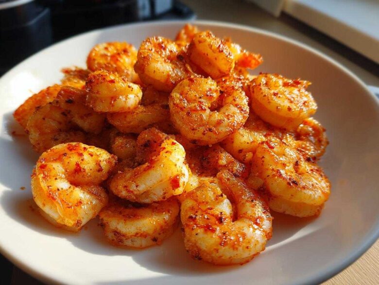 A close-up of plump, cooked air fryer frozen shrimp seasoned with paprika and spices piled on a white plate.