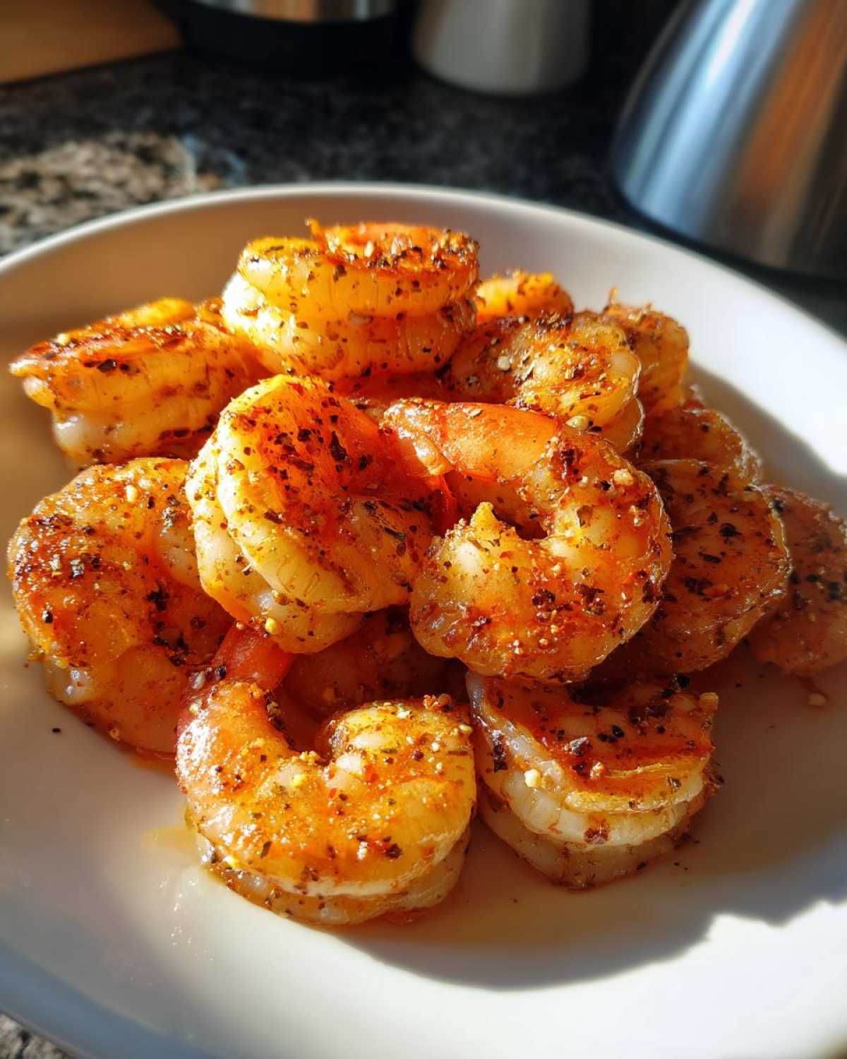 A close-up of seasoned, cooked air fryer frozen shrimp piled high on a white plate.