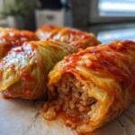 Four savory cabbage rolls covered in bright red tomato sauce, one showing the rice and meat filling.