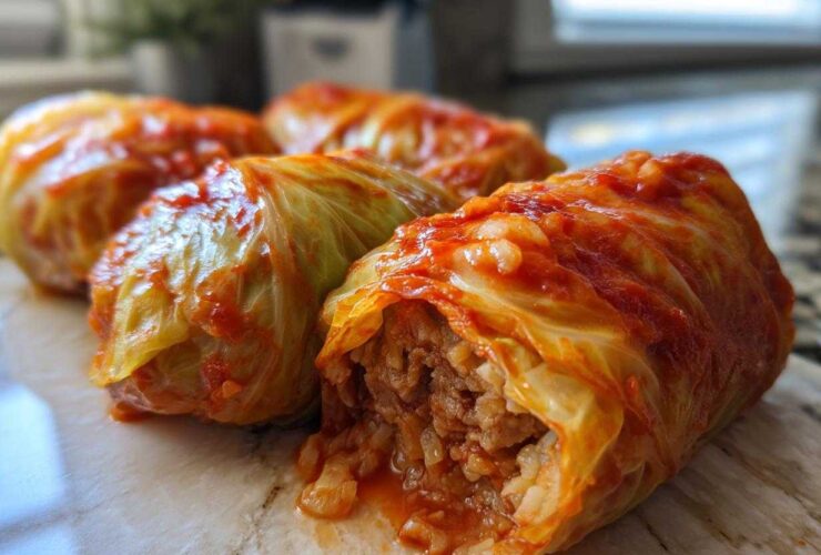 Four savory cabbage rolls covered in bright red tomato sauce, one showing the rice and meat filling.