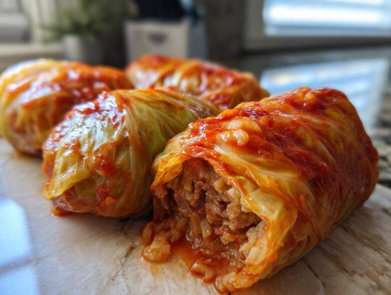 Four savory cabbage rolls covered in bright red tomato sauce, one showing the rice and meat filling.