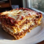 A thick, layered slice of amazing 1 hour lasagna with meat sauce and melted cheese on a white plate.