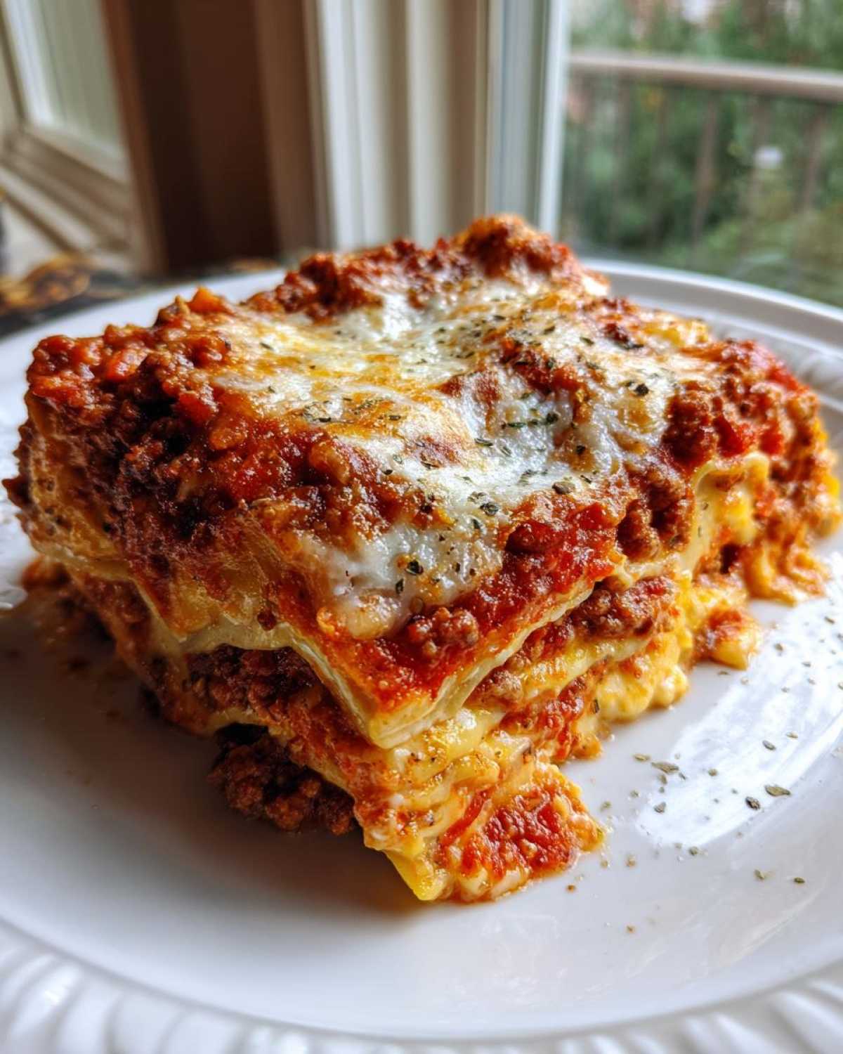 A thick, cheesy, and saucy slice of homemade lasagna served on a white plate.