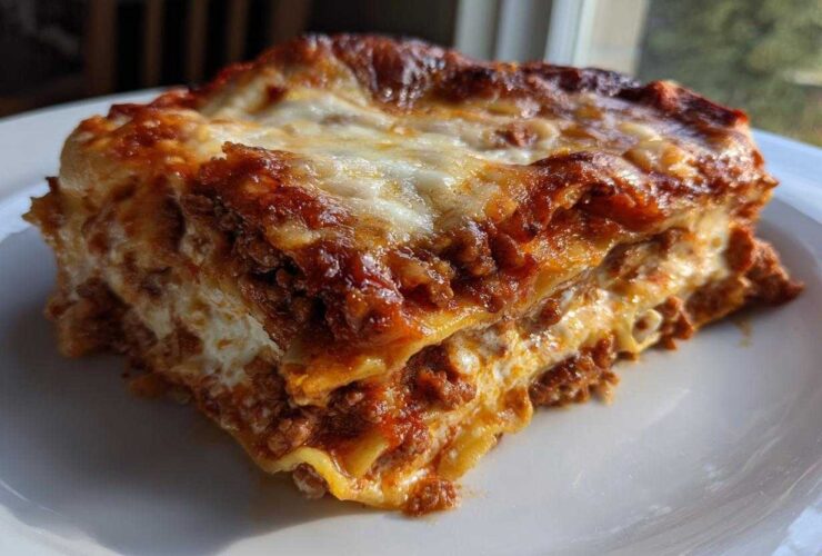 A close-up, appetizing slice of baked lasagna showing layers of pasta, rich meat sauce, and melted cheese.