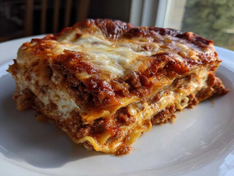 A close-up, appetizing slice of baked lasagna showing layers of pasta, rich meat sauce, and melted cheese.
