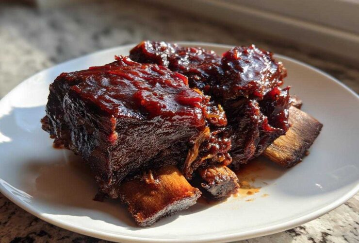 Close-up of tender braised short ribs covered in a rich, dark glaze served on a white plate.