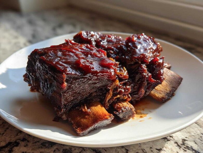 Close-up of tender braised short ribs covered in a rich, dark glaze served on a white plate.