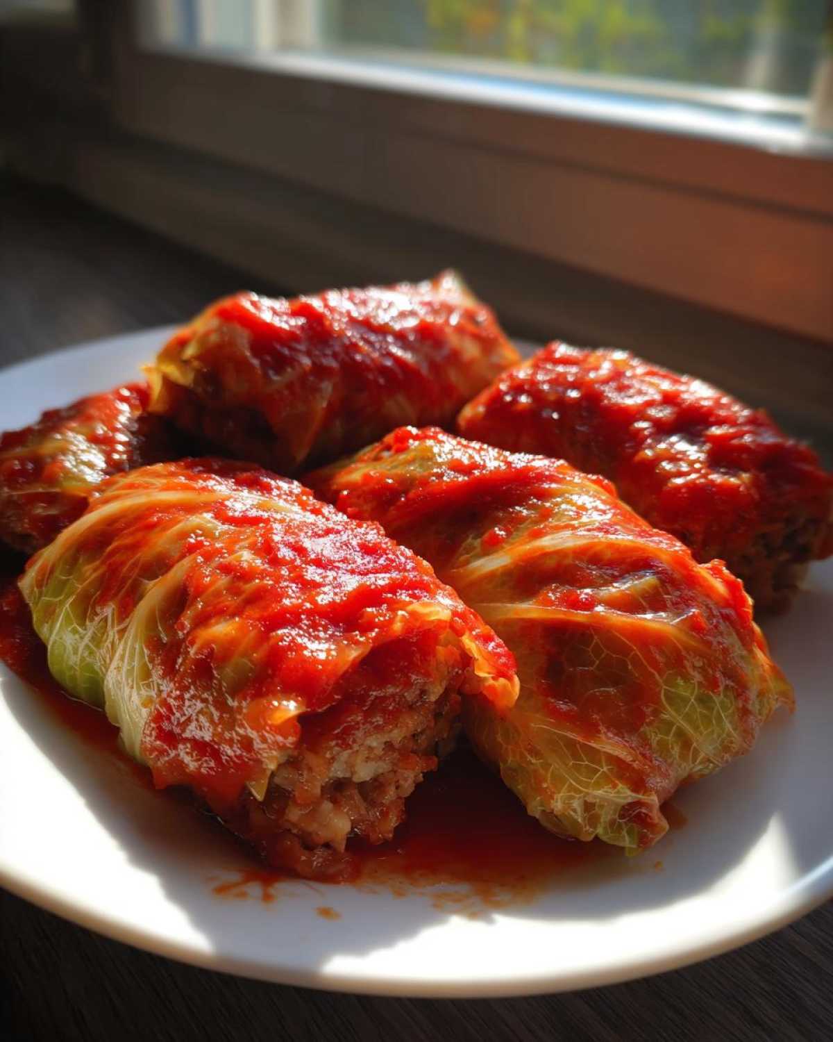 A close-up of five homemade cabbage rolls smothered in rich tomato sauce, served on a white plate.