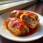 Three tender cabbage rolls smothered in bright red tomato sauce, one cut open to show the savory meat and rice filling.