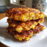 A close-up stack of four golden brown, crispy corn fritters loaded with visible corn kernels.