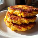 A stack of three golden-brown, perfectly cooked corn fritters showing visible corn kernels, served on a white plate.
