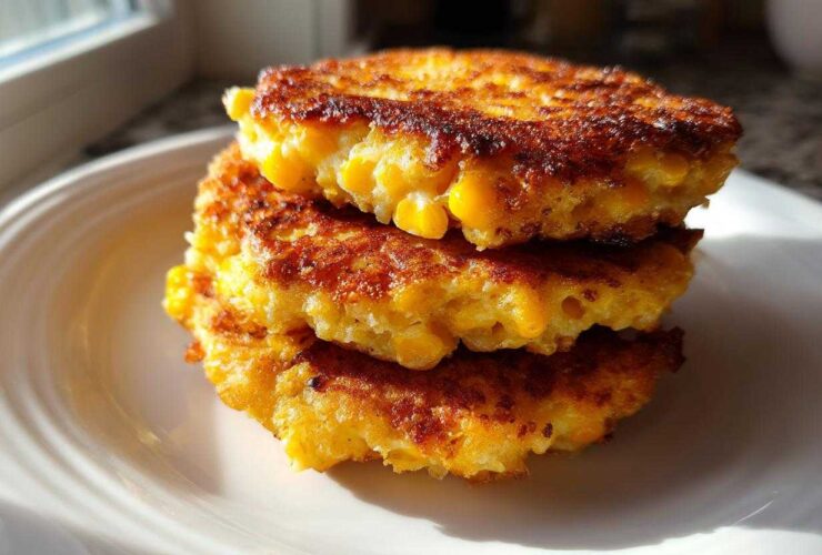 A stack of three golden-brown, perfectly cooked corn fritters showing visible corn kernels, served on a white plate.