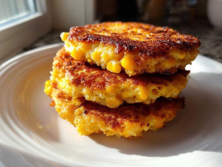 A stack of three golden-brown, perfectly cooked corn fritters showing visible corn kernels, served on a white plate.