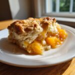 A close-up of a warm serving of peach cobbler with golden crust and syrupy peaches on a white plate.