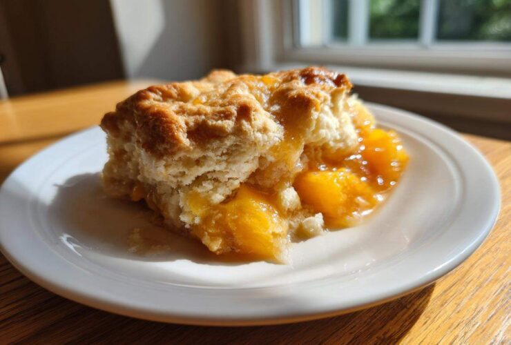 A close-up of a warm serving of peach cobbler with golden crust and syrupy peaches on a white plate.