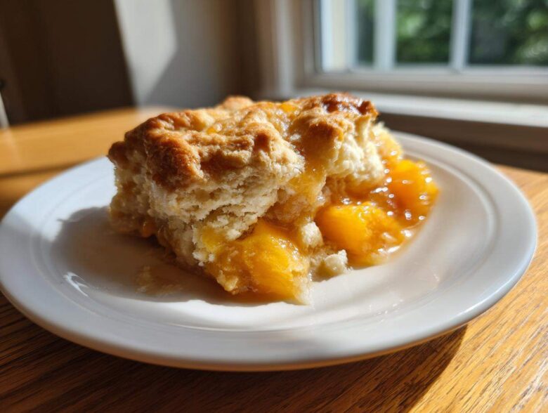 A close-up of a warm serving of peach cobbler with golden crust and syrupy peaches on a white plate.