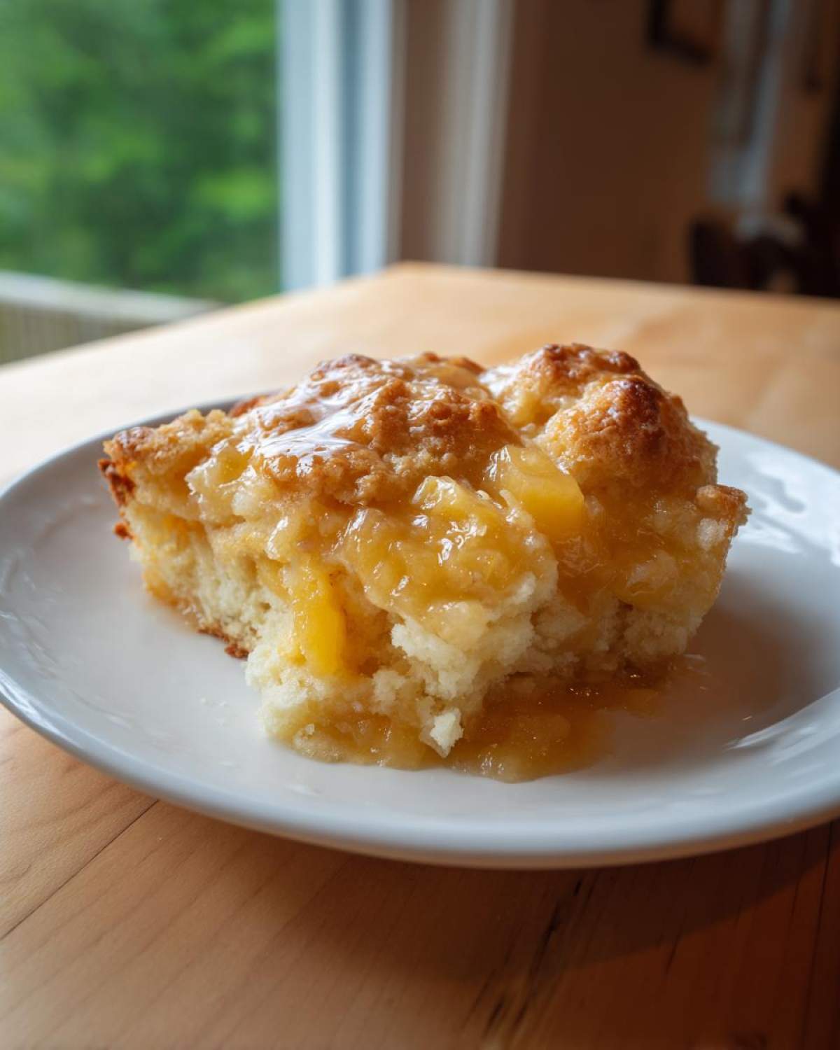 A square serving of warm peach cobbler with a crumbly topping, served on a white plate.