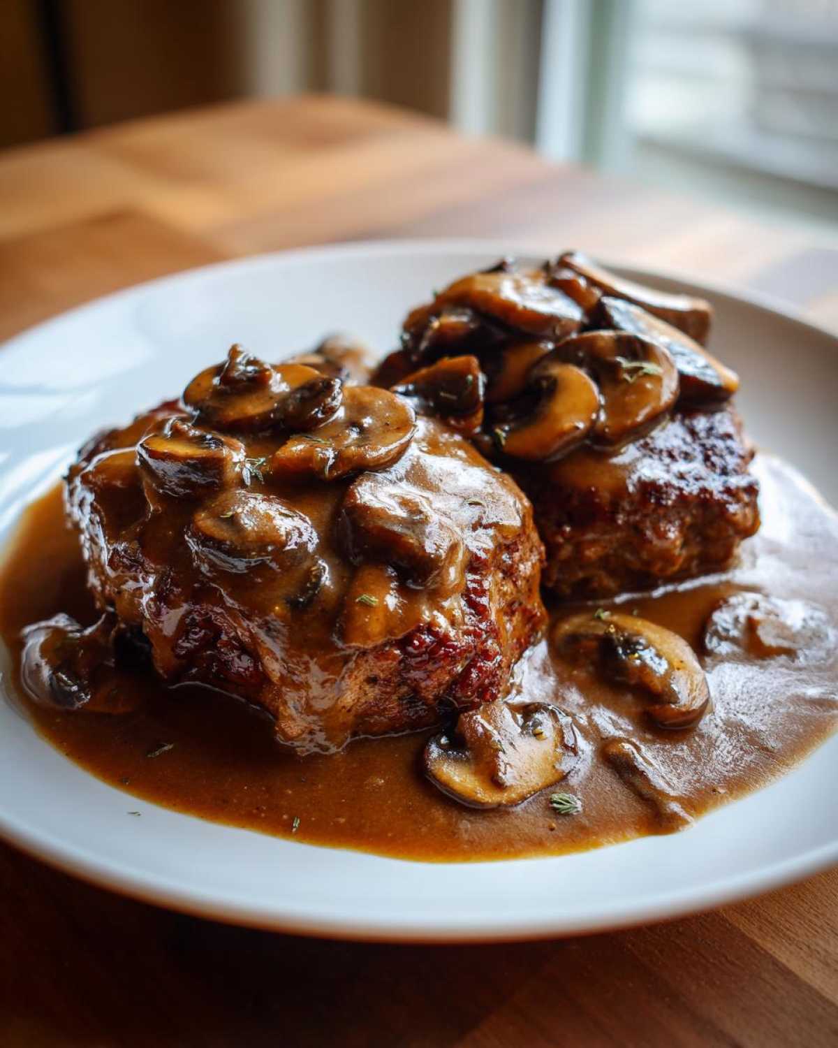 Two juicy Salisbury steak patties smothered in rich mushroom gravy and sliced mushrooms on a white plate.