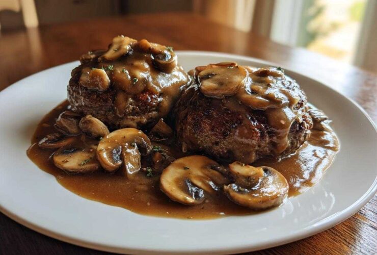 Two perfectly cooked Salisbury steak patties smothered in rich mushroom gravy and sliced mushrooms.