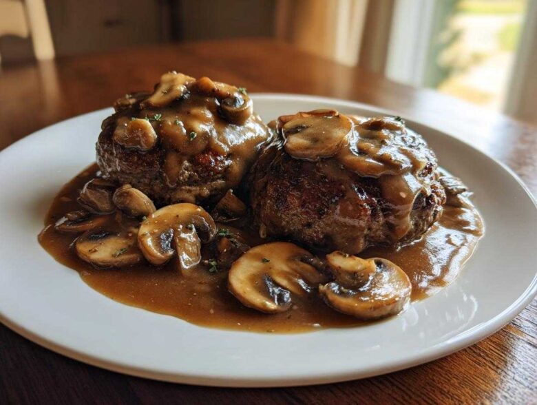 Two perfectly cooked Salisbury steak patties smothered in rich mushroom gravy and sliced mushrooms.