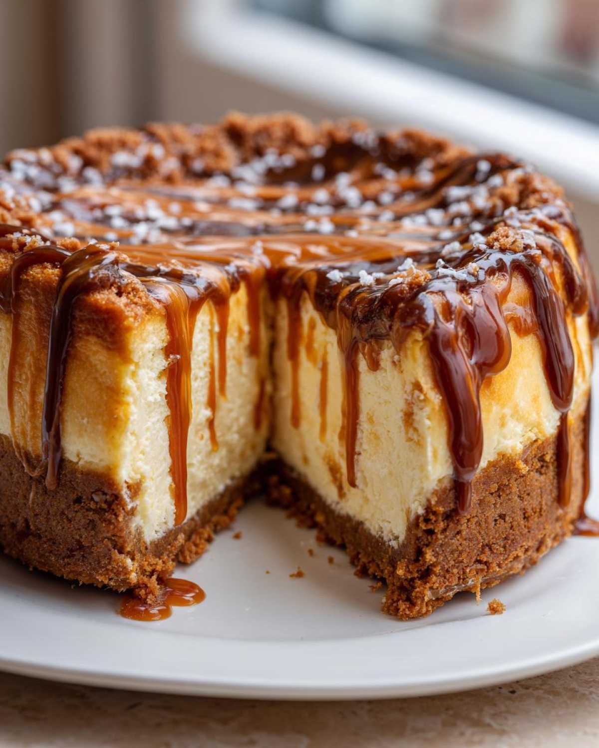 A decadent salted caramel cheesecake with a thick graham cracker crust, drizzled heavily with caramel sauce and sprinkled with sea salt.