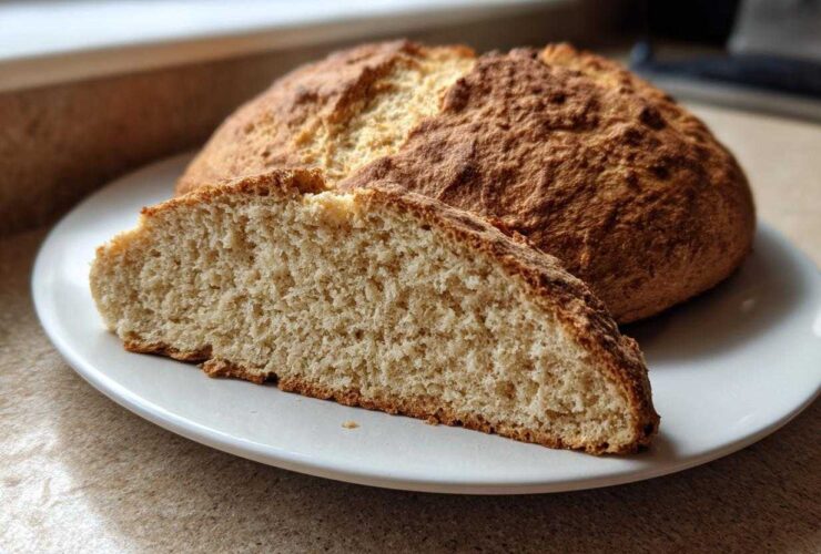 A round loaf of golden brown soda bread with a slice cut open showing the soft interior texture.
