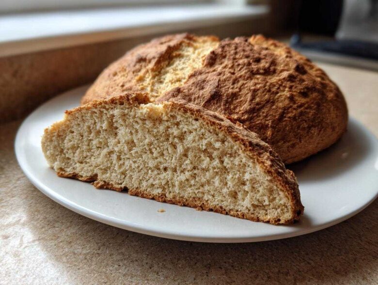 A round loaf of golden brown soda bread with a slice cut open showing the soft interior texture.