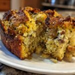 A close-up of a moist, golden-brown portion of homemade stuffing with visible herbs and sausage pieces.