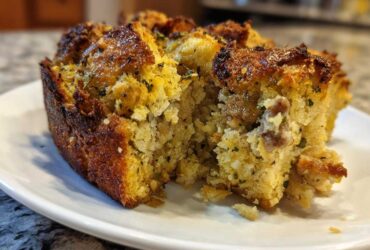 A close-up of a moist, golden-brown portion of homemade stuffing with visible herbs and sausage pieces.