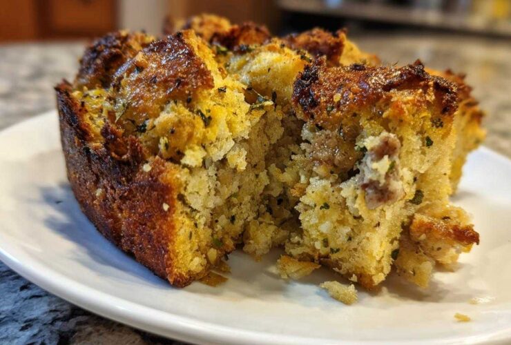 A close-up of a moist, golden-brown portion of homemade stuffing with visible herbs and sausage pieces.