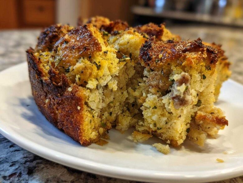 A close-up of a moist, golden-brown portion of homemade stuffing with visible herbs and sausage pieces.