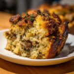 Close-up of a golden brown, savory slice of stuffing with herbs and sausage pieces.