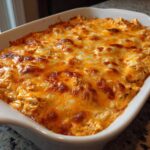 A close-up of a baked chicken enchilada dip topped with melted, bubbly orange and white cheese in a white casserole dish.