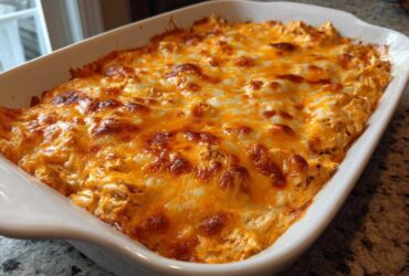 A close-up of a baked chicken enchilada dip topped with melted, bubbly orange and white cheese in a white casserole dish.