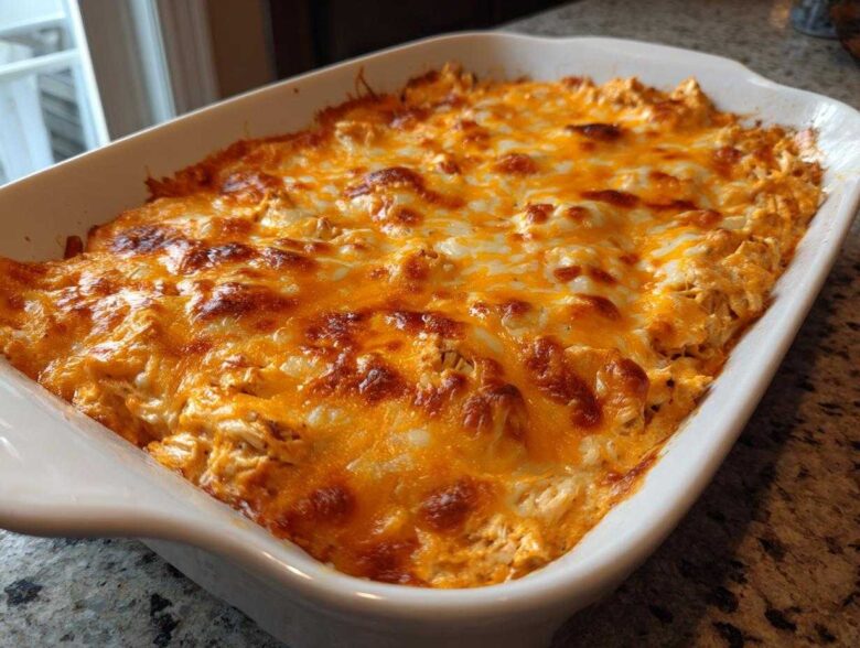 A close-up of a baked chicken enchilada dip topped with melted, bubbly orange and white cheese in a white casserole dish.