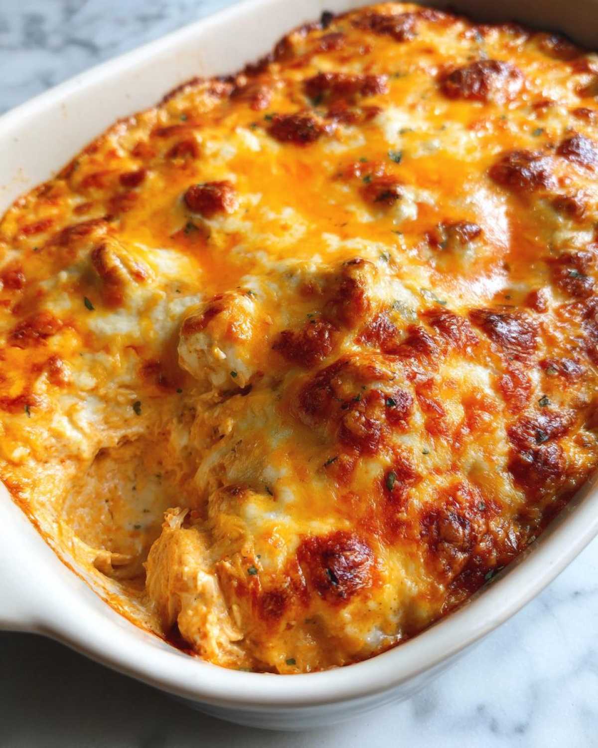 Close-up of hot, baked chicken enchilada dip topped with bubbly, browned cheddar and Monterey Jack cheese.