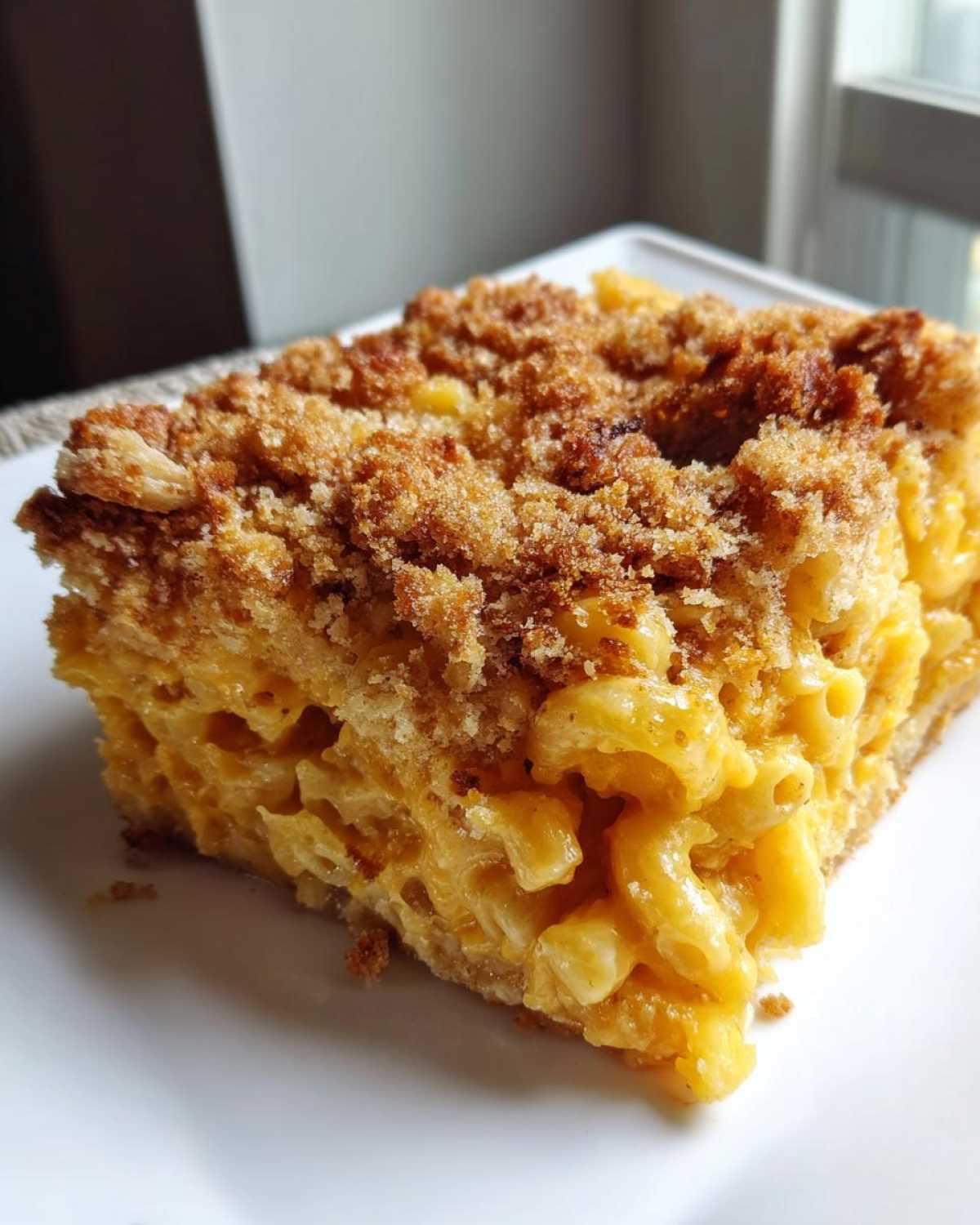 Close-up of a square slice of creamy baked mac and cheese recipe with a golden brown, crunchy breadcrumb topping.