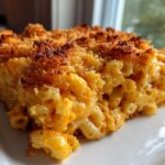 Close-up of a rich, cheesy slice of baked mac and cheese recipe with a golden, crunchy breadcrumb topping.