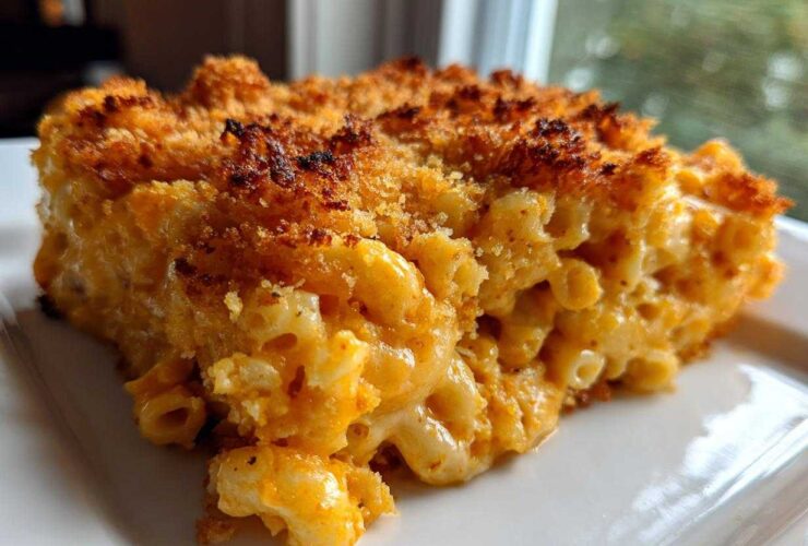 Close-up of a rich, cheesy slice of baked mac and cheese recipe with a golden, crunchy breadcrumb topping.